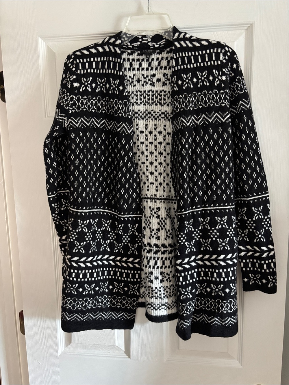 Talbots Black and White Fair Isle Open-Front Cardigan